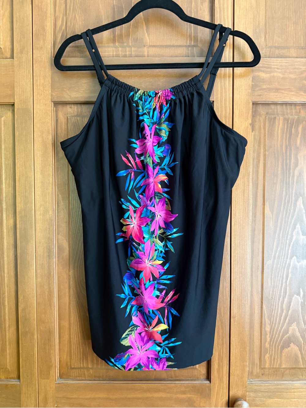 Miraclesuit Black Swim Camisole with Pink & Blue Floral Center Stripe